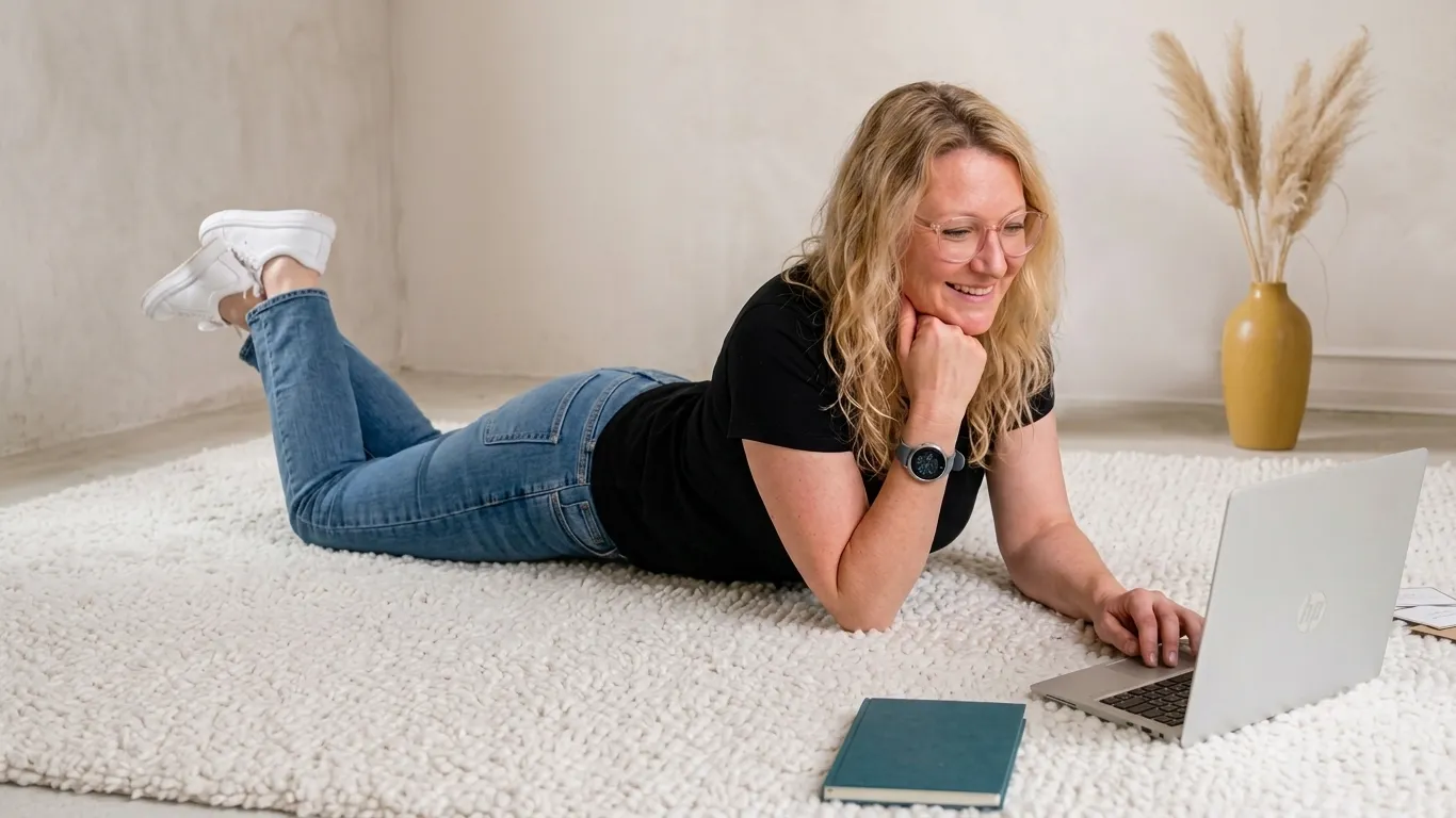 Carolin Thiem arbeitet am Boden am Laptop