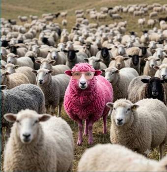 Pinkes Schaf in einer Herde weißer Schafe