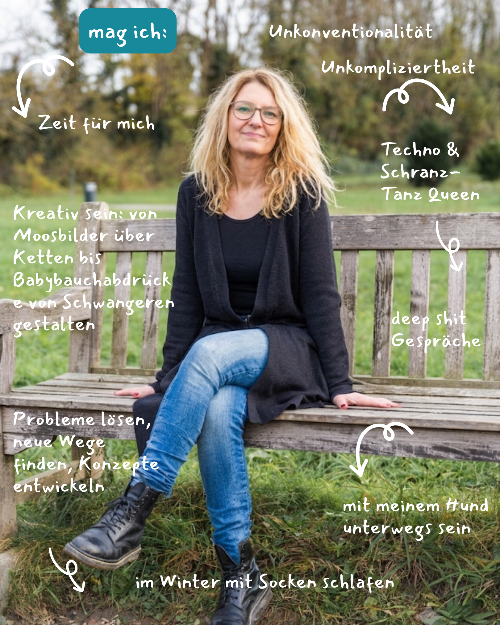 Das mag ich – Carolin auf einer Bank