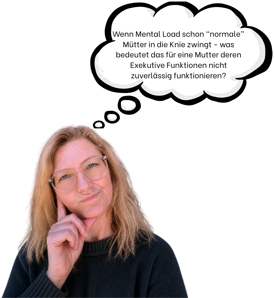 Carolin nachdenklich mit Gedankenblase: Wenn Mental Load schon normale Mütter in die Knie zwingt – was bedeutet das für eine Mutter, deren exekutive Funktionen nicht zuverlässig mitspielen?